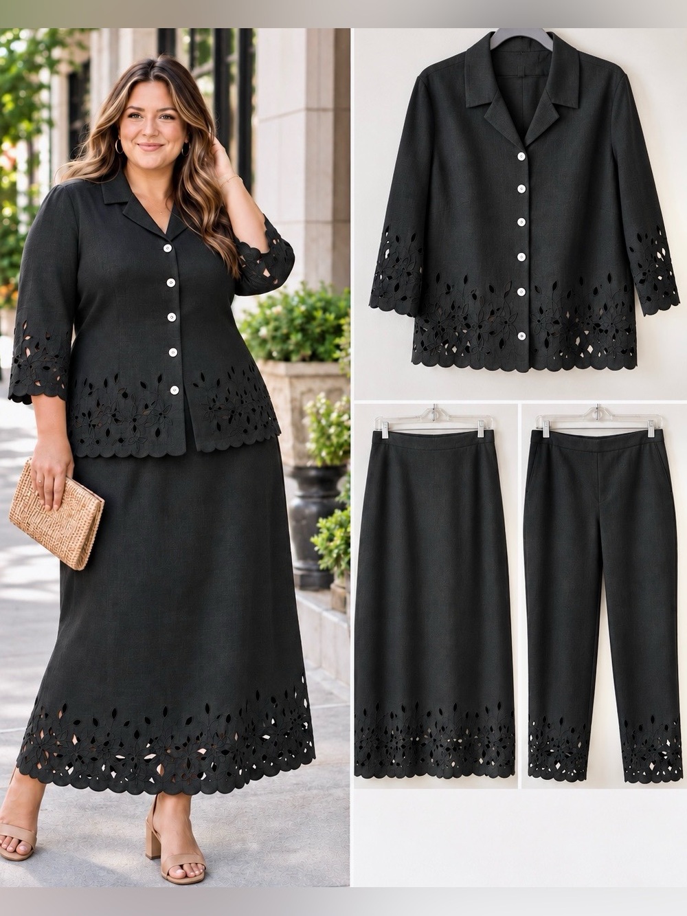 Kate Hill Woman 3-Piece Set Black Linen Embroidered • Size 18W • New With Tags